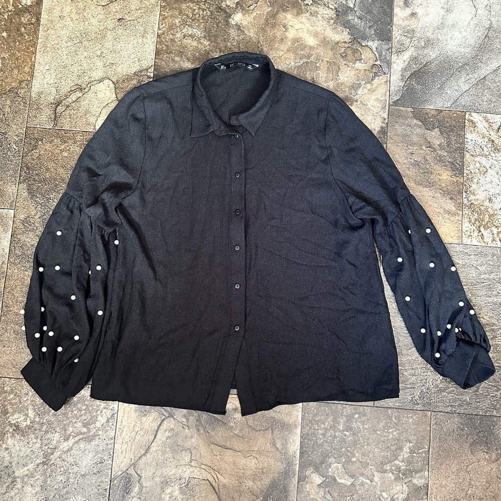 ZARA Women's Blouse Button Down Pearl Black Long Sleeve Blouse Sz L Career Wear‎